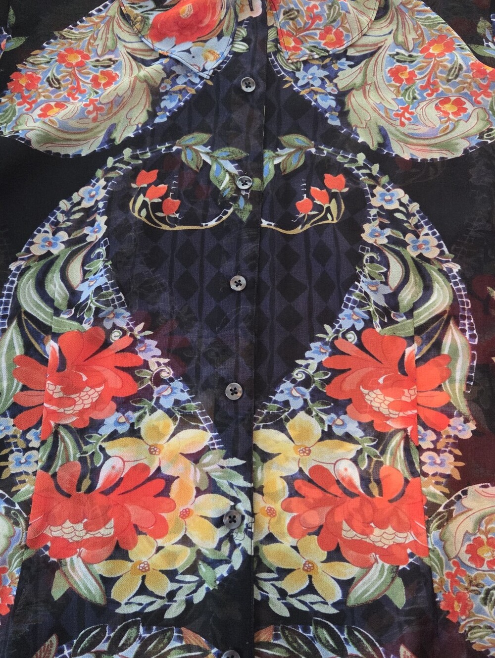 CAbi Women's XL Black Button-Down Shirt Floral Paisley Print SHEER - Picture 3 of 10